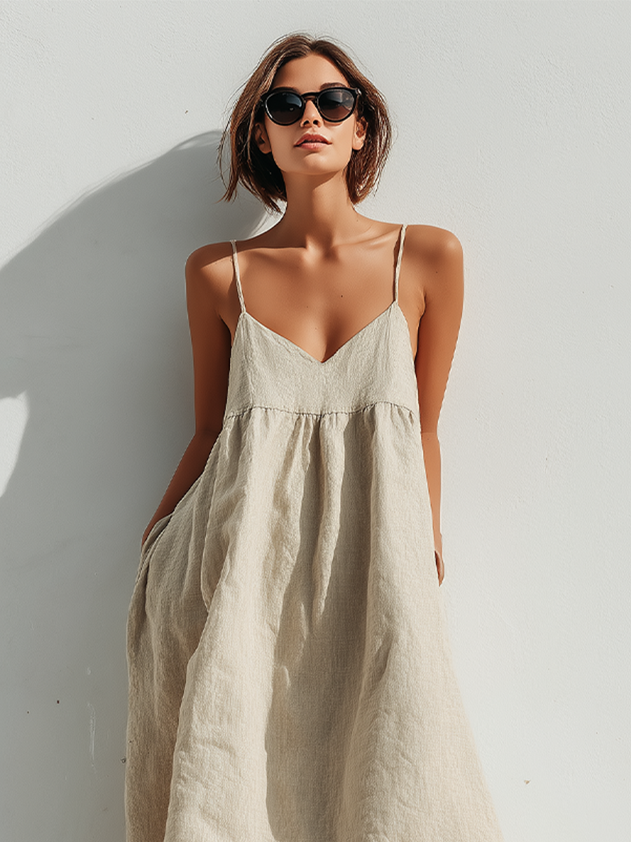 Natural Beige Linen Babydoll Maxi Dress Women's V-Neck Spaghetti Strap Flowy Sundress with Pockets