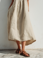 Natural Beige Linen Babydoll Maxi Dress Women's V-Neck Spaghetti Strap Flowy Sundress with Pockets