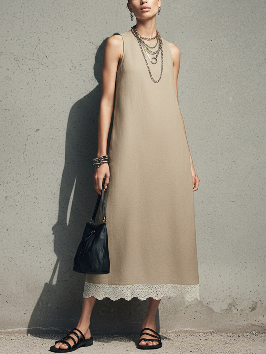 Women’s Minimalist Khaki Cotton Linen Maxi Dress Sleeveless Lace Hem Round Neck Relaxed Fit Elegant Summer Vacation Resort Casual Long Dress