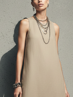 Women’s Minimalist Khaki Cotton Linen Maxi Dress Sleeveless Lace Hem Round Neck Relaxed Fit Elegant Summer Vacation Resort Casual Long Dress