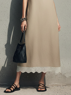 Women’s Minimalist Khaki Cotton Linen Maxi Dress Sleeveless Lace Hem Round Neck Relaxed Fit Elegant Summer Vacation Resort Casual Long Dress