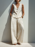 Women’s Minimalist Cotton Linen Two Piece Set Button Front Vest and Wide Leg Pants Outfit Sleeveless Deep V Neck Elegant Summer Resort Casual Matching Set