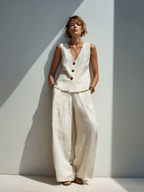 Women’s Minimalist Cotton Linen Two Piece Set Button Front Vest and Wide Leg Pants Outfit Sleeveless Deep V Neck Elegant Summer Resort Casual Matching Set