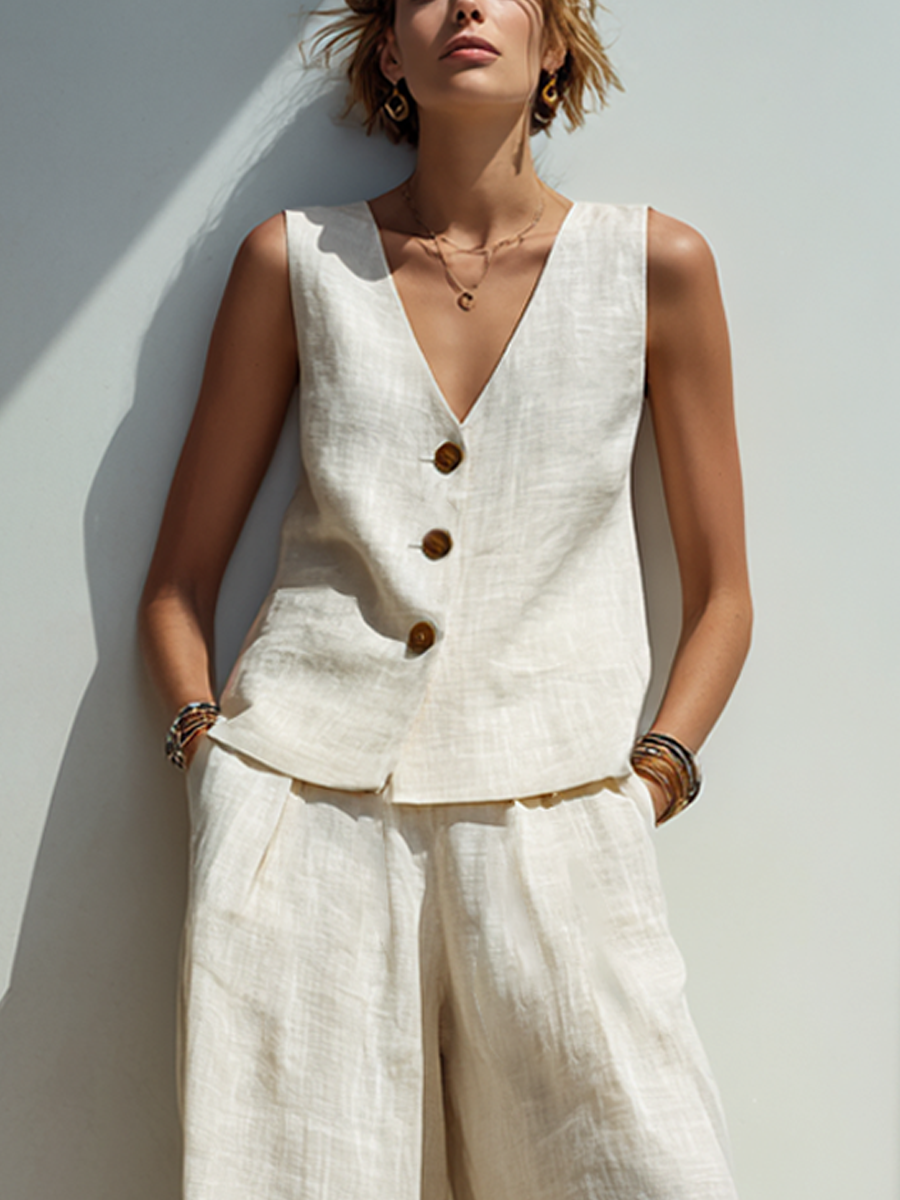 Women’s Minimalist Cotton Linen Two Piece Set Button Front Vest and Wide Leg Pants Outfit Sleeveless Deep V Neck Elegant Summer Resort Casual Matching Set