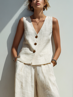 Women’s Minimalist Cotton Linen Two Piece Set Button Front Vest and Wide Leg Pants Outfit Sleeveless Deep V Neck Elegant Summer Resort Casual Matching Set