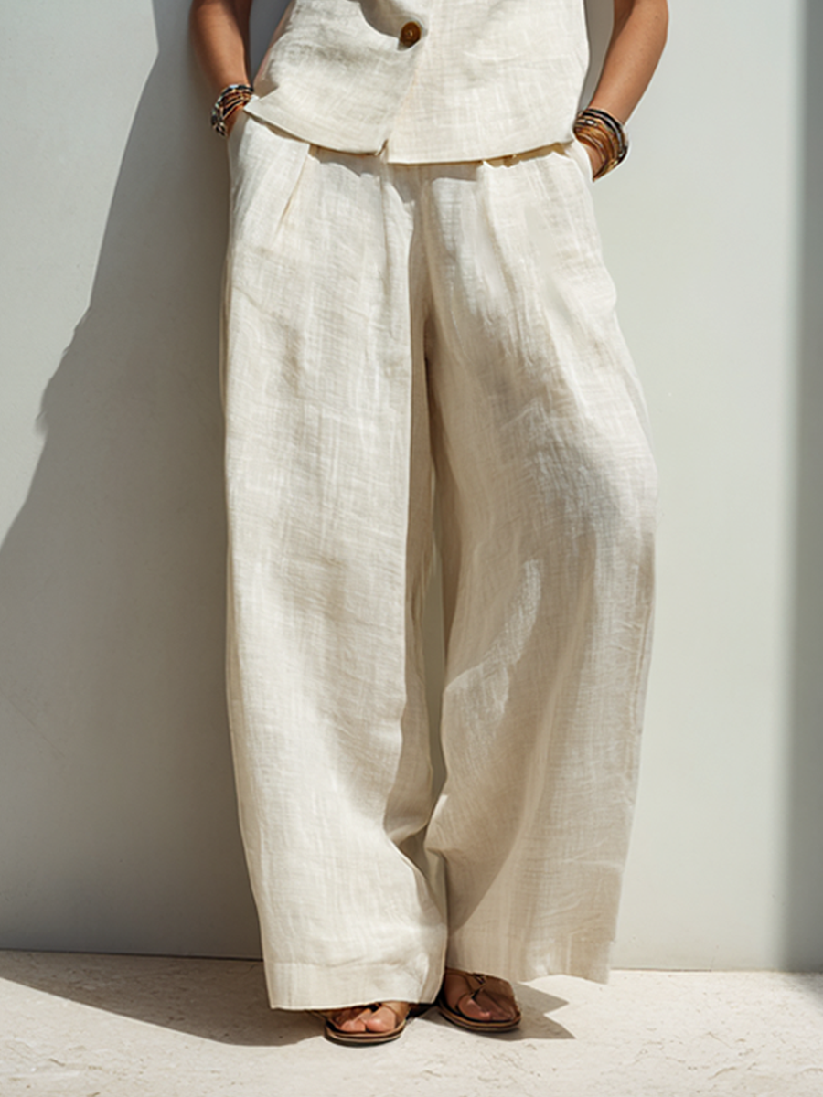 Women’s Minimalist Cotton Linen Two Piece Set Button Front Vest and Wide Leg Pants Outfit Sleeveless Deep V Neck Elegant Summer Resort Casual Matching Set