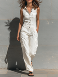 Women’s Minimalist Cotton Blend Sleeveless Jumpsuit – Single-Breasted Tailored One-Piece