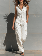 Women’s Minimalist Cotton Blend Sleeveless Jumpsuit – Single-Breasted Tailored One-Piece