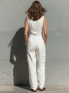 Women’s Minimalist Cotton Blend Sleeveless Jumpsuit – Single-Breasted Tailored One-Piece