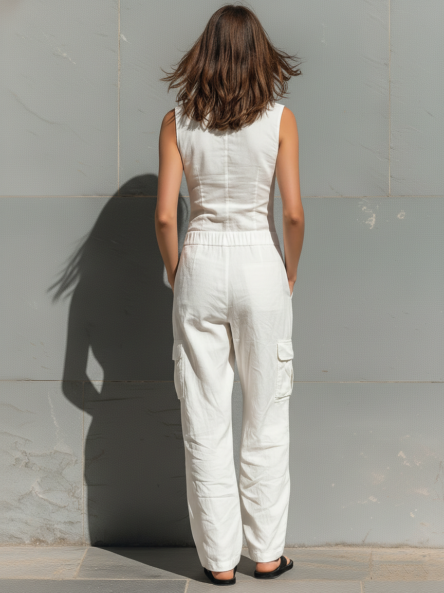Women’s Minimalist Cotton Blend Sleeveless Jumpsuit – Single-Breasted Tailored One-Piece