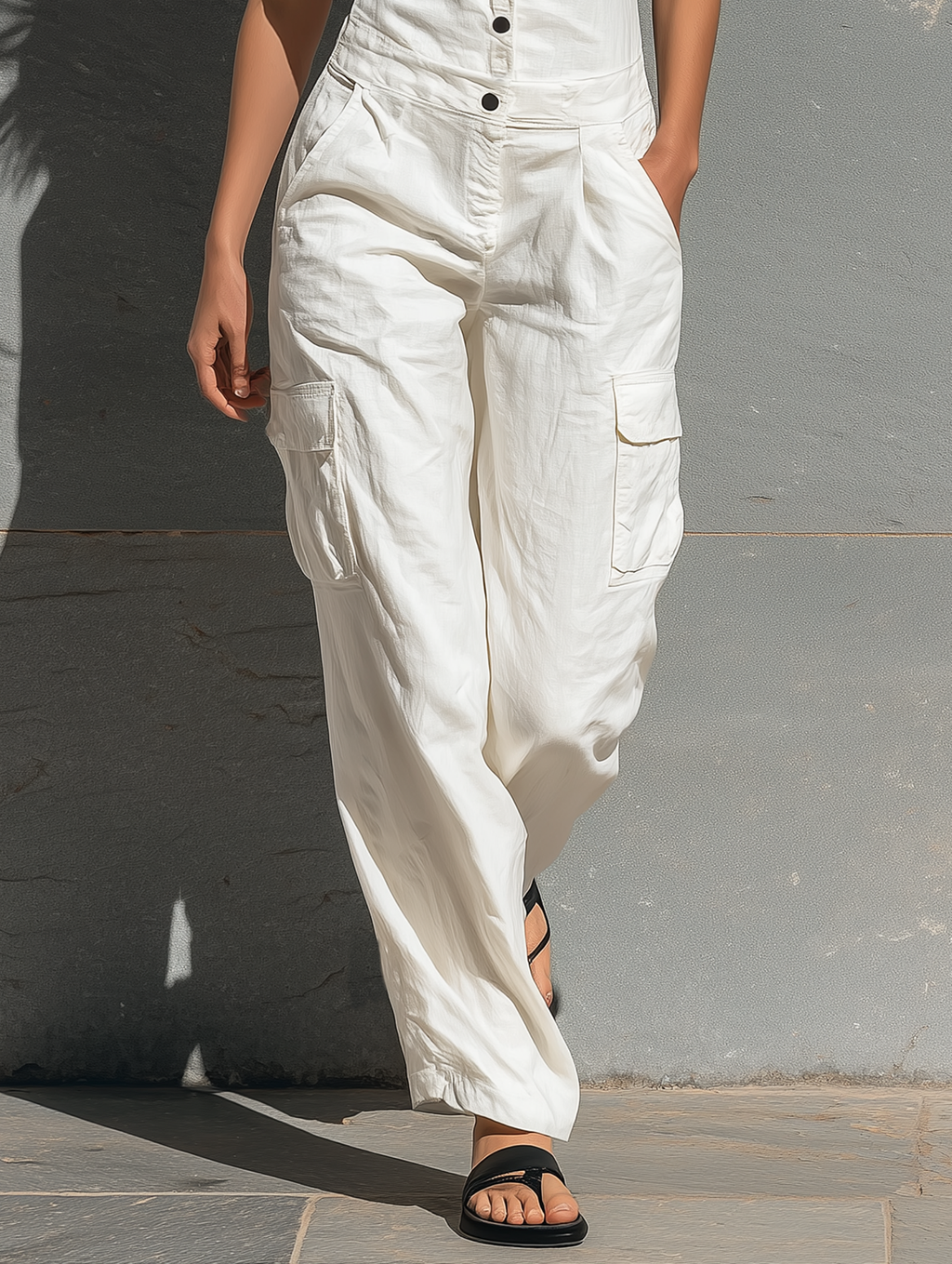 Women’s Minimalist Cotton Blend Sleeveless Jumpsuit – Single-Breasted Tailored One-Piece
