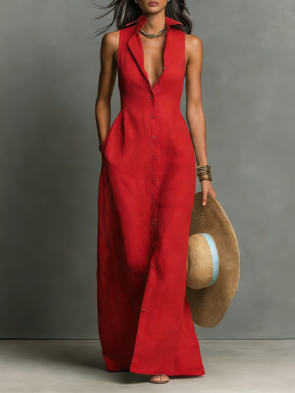 Women’s Minimalist Linen-Blend Collared Sleeveless Maxi Shirt Dress with Single-Breasted Design – Effortless Chic Style