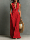 Women’s Minimalist Linen-Blend Collared Sleeveless Maxi Shirt Dress with Single-Breasted Design – Effortless Chic Style