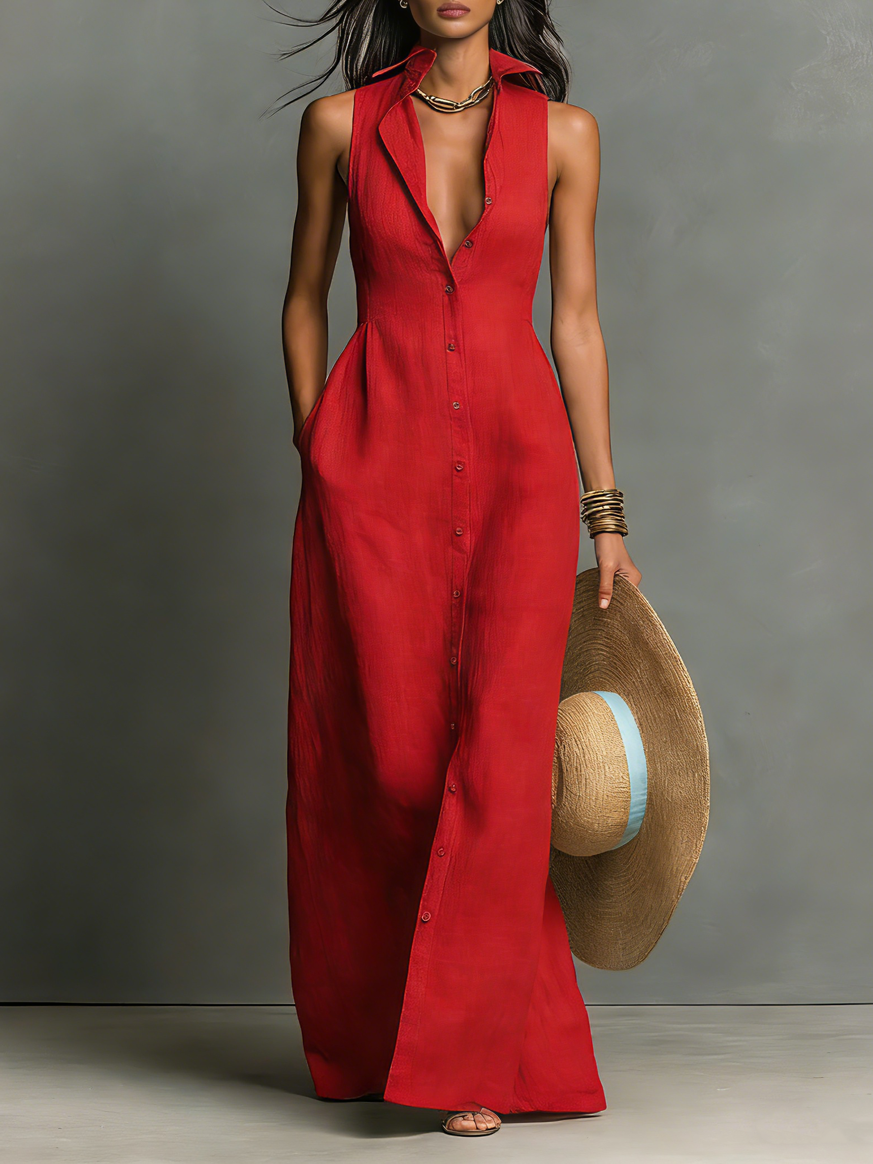 Women’s Minimalist Linen-Blend Collared Sleeveless Maxi Shirt Dress with Single-Breasted Design – Effortless Chic Style