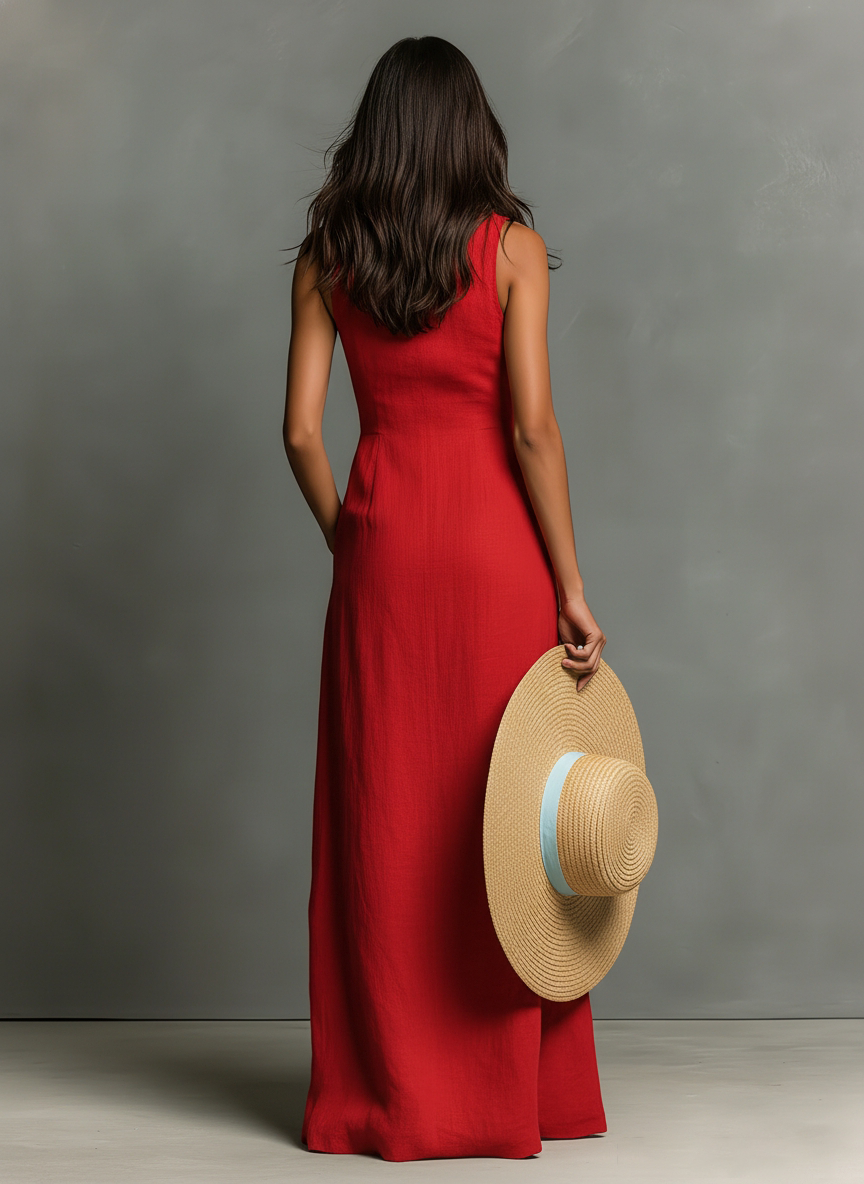 Women’s Minimalist Linen-Blend Collared Sleeveless Maxi Shirt Dress with Single-Breasted Design – Effortless Chic Style