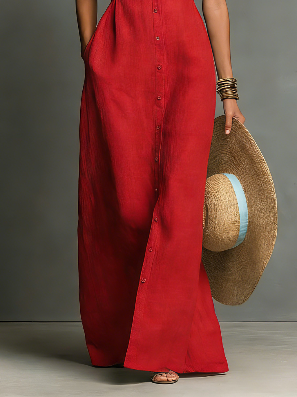Women’s Minimalist Linen-Blend Collared Sleeveless Maxi Shirt Dress with Single-Breasted Design – Effortless Chic Style