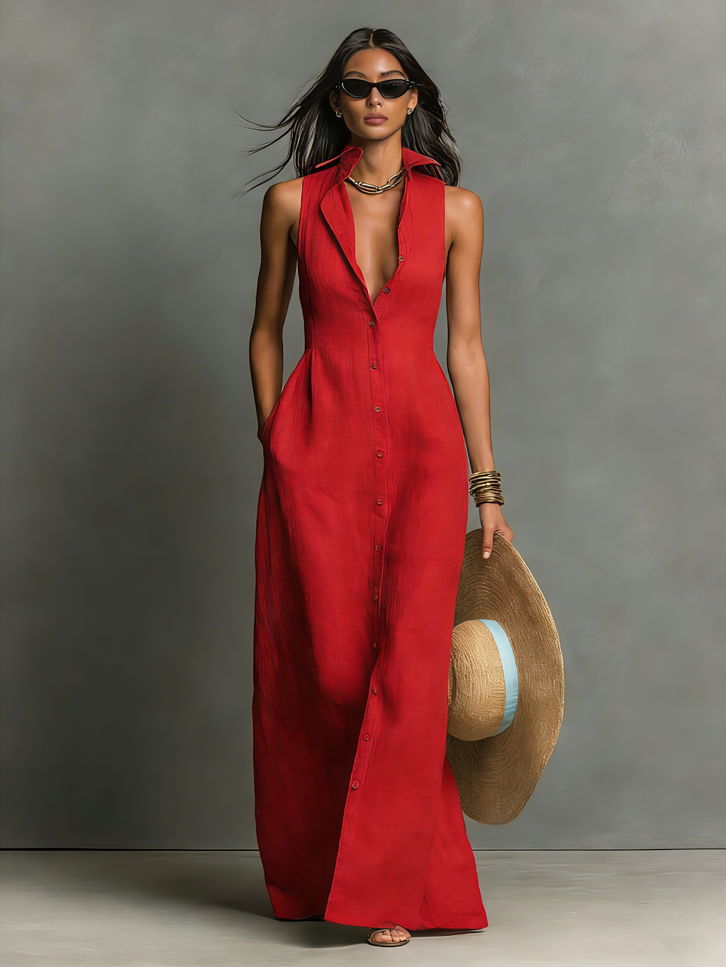 Women’s Minimalist Linen-Blend Collared Sleeveless Maxi Shirt Dress with Single-Breasted Design – Effortless Chic Style