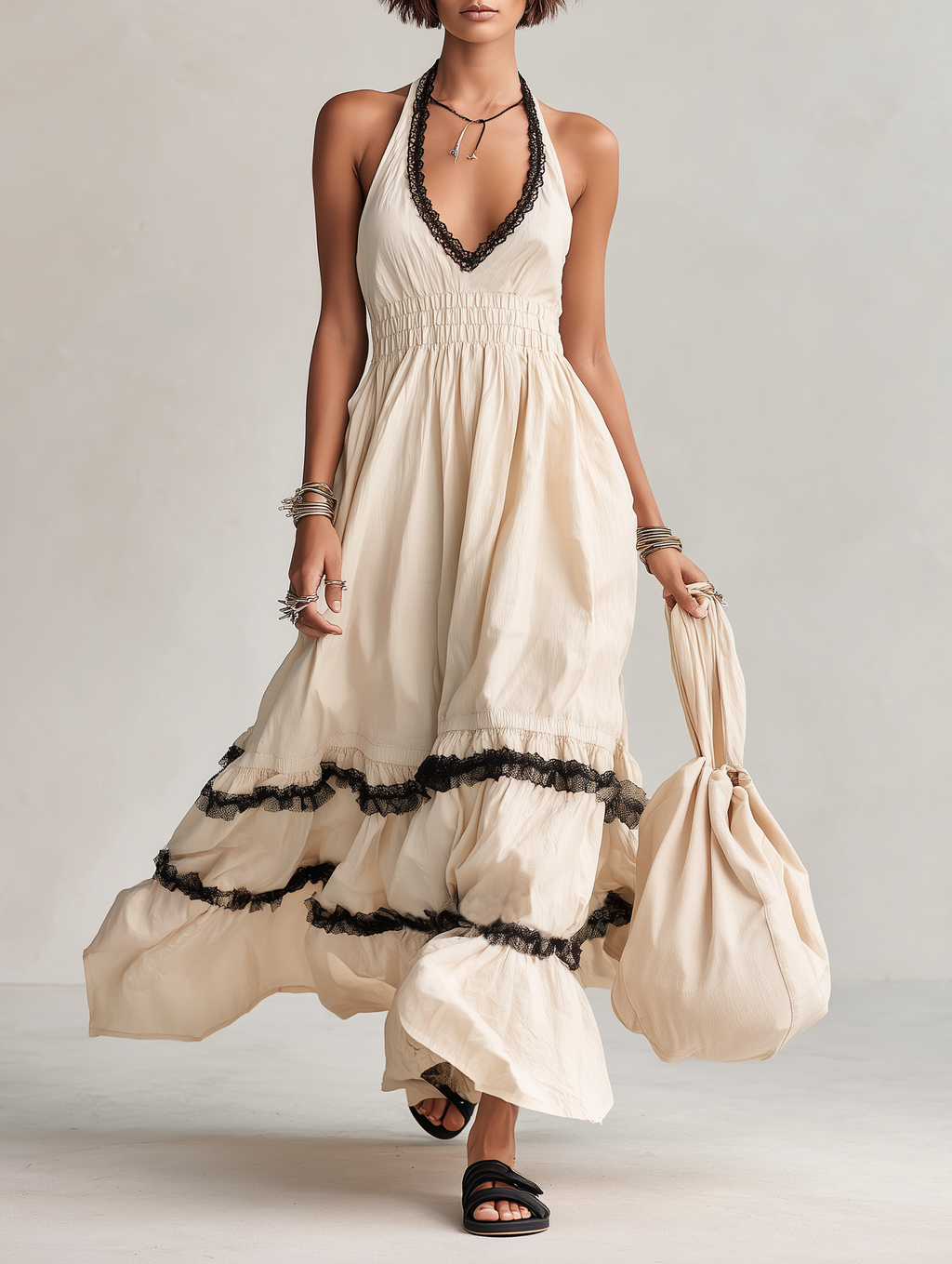 Women’s Minimalist Linen Blend Halter V Neck Maxi Dress Lace Trim Cinched Waist Sleeveless Elegant Summer Vacation Beach Resort Long Dress