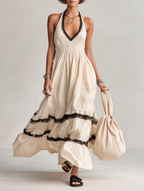 Women’s Minimalist Linen Blend Halter V Neck Maxi Dress Lace Trim Cinched Waist Sleeveless Elegant Summer Vacation Beach Resort Long Dress