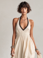 Women’s Minimalist Linen Blend Halter V Neck Maxi Dress Lace Trim Cinched Waist Sleeveless Elegant Summer Vacation Beach Resort Long Dress