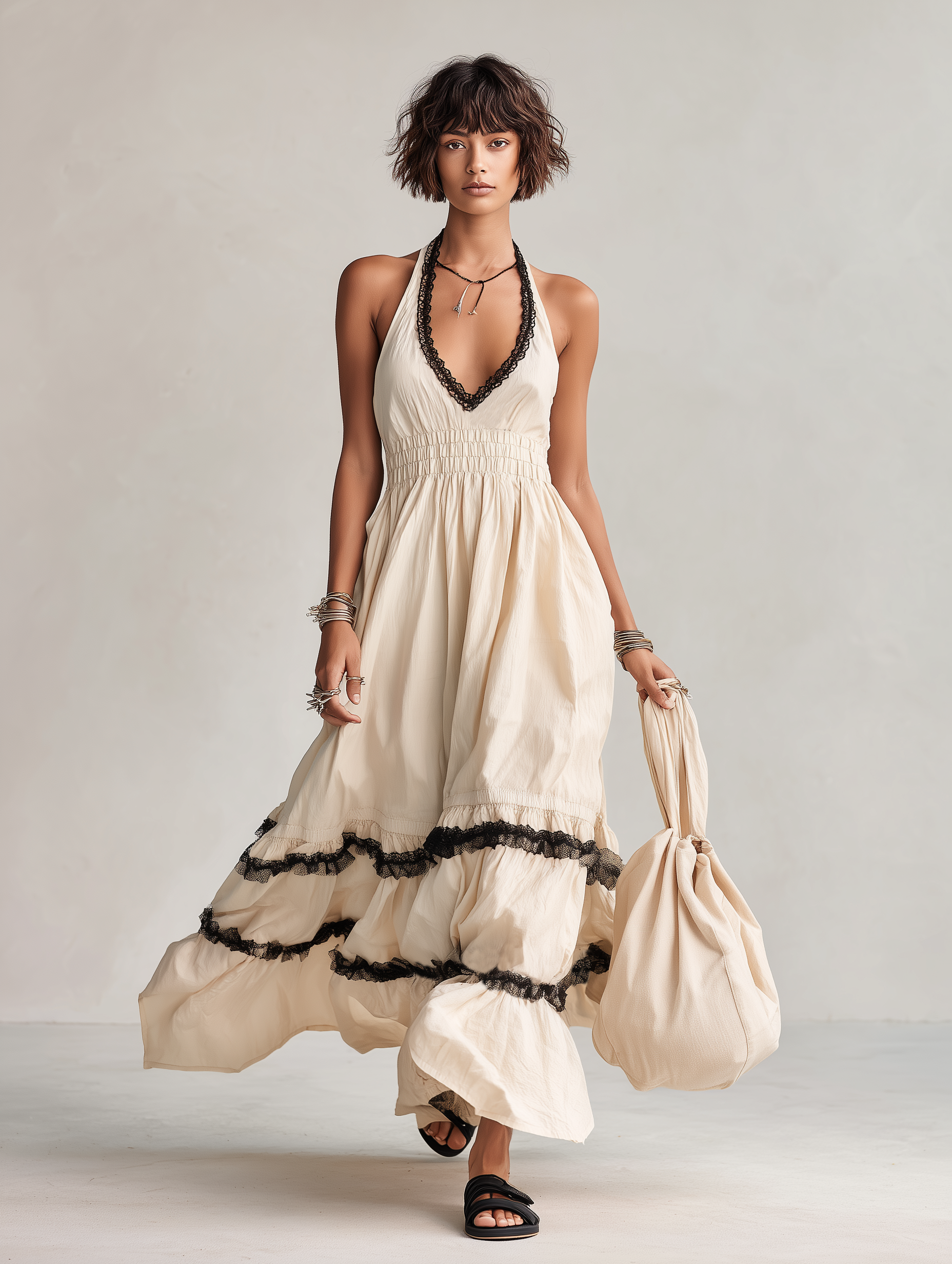 Women’s Minimalist Linen Blend Halter V Neck Maxi Dress Lace Trim Cinched Waist Sleeveless Elegant Summer Vacation Beach Resort Long Dress