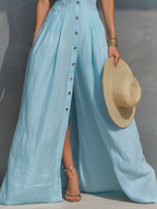 Light Blue Sleeveless Button-Down Maxi Dress Women's Linen Collared A-Line Shirt Dress with Slit