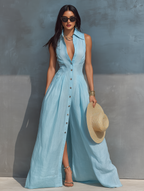 Light Blue Sleeveless Button-Down Maxi Dress Women's Linen Collared A-Line Shirt Dress with Slit