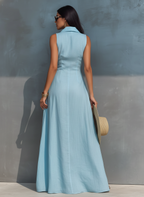 Light Blue Sleeveless Button-Down Maxi Dress Women's Linen Collared A-Line Shirt Dress with Slit