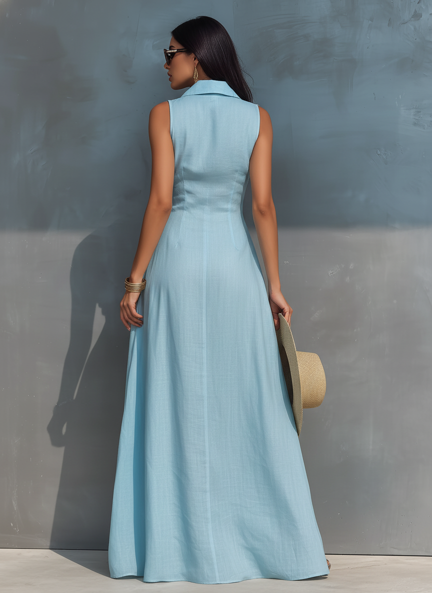 Light Blue Sleeveless Button-Down Maxi Dress Women's Linen Collared A-Line Shirt Dress with Slit