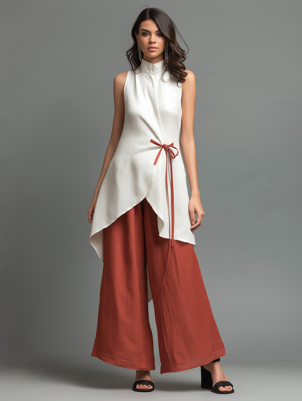 Women’s Minimalist Linen-Blend Stand-Collar Wrap Shirt – Sleeveless Tie Waist Top