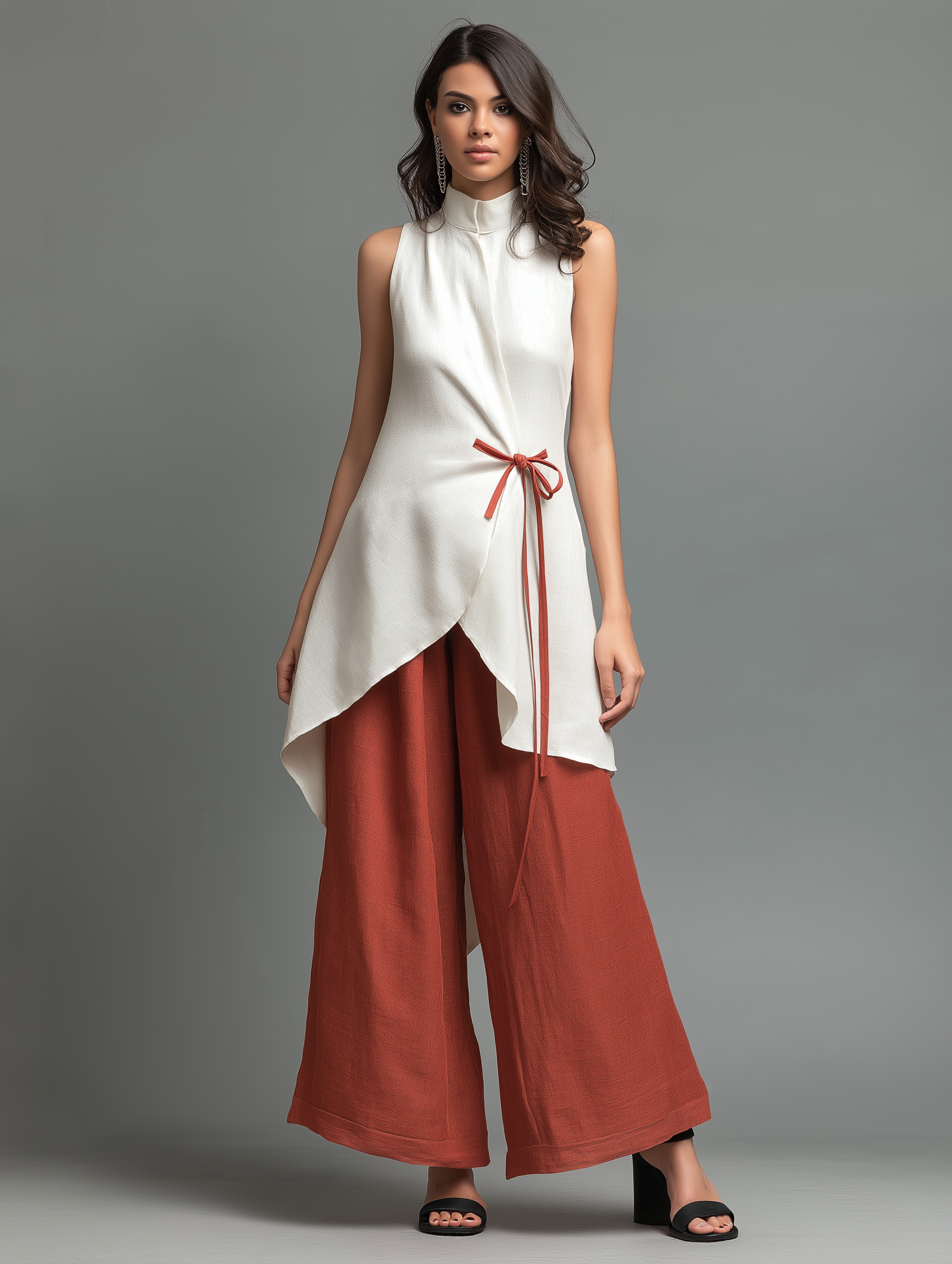 Women’s Minimalist Linen-Blend Stand-Collar Wrap Shirt – Sleeveless Tie Waist Top