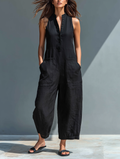 Women’s Minimalist Linen Blend Jumpsuit – Stand Collar Button-Up Sleeveless Relaxed Fit