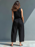 Women’s Minimalist Linen Blend Jumpsuit – Stand Collar Button-Up Sleeveless Relaxed Fit