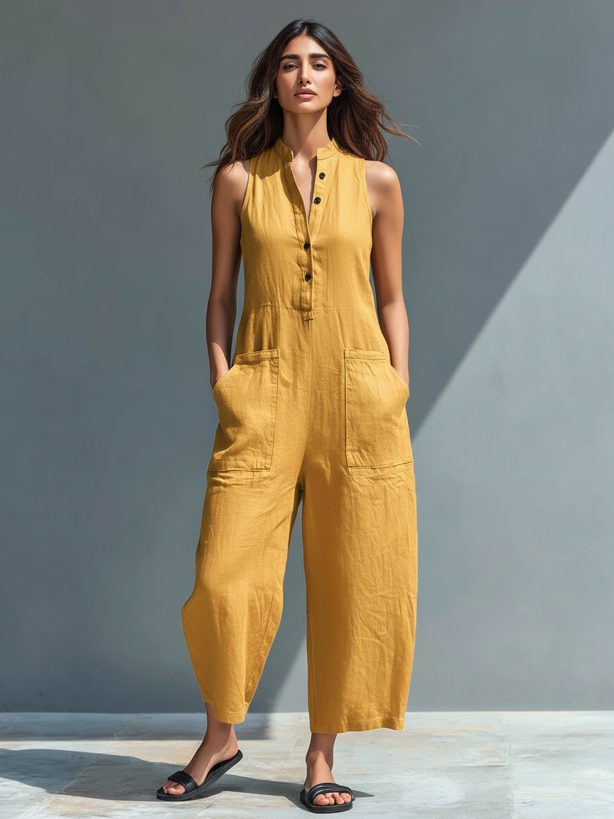 Women’s Minimalist Linen Blend Jumpsuit – Stand Collar Button-Up Sleeveless Relaxed Fit
