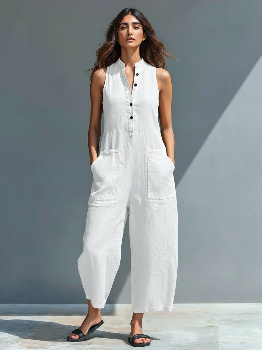 Women’s Minimalist Linen Blend Jumpsuit – Stand Collar Button-Up Sleeveless Relaxed Fit