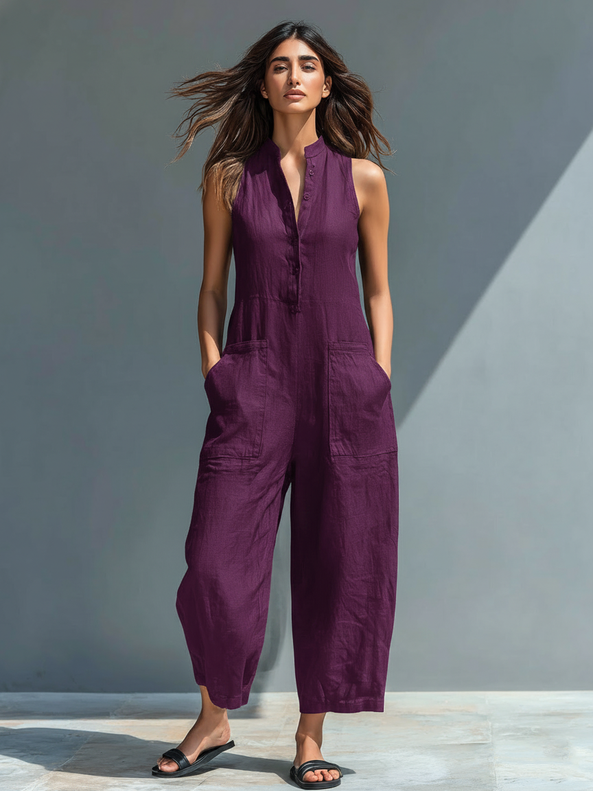 Women’s Minimalist Linen Blend Jumpsuit – Stand Collar Button-Up Sleeveless Relaxed Fit