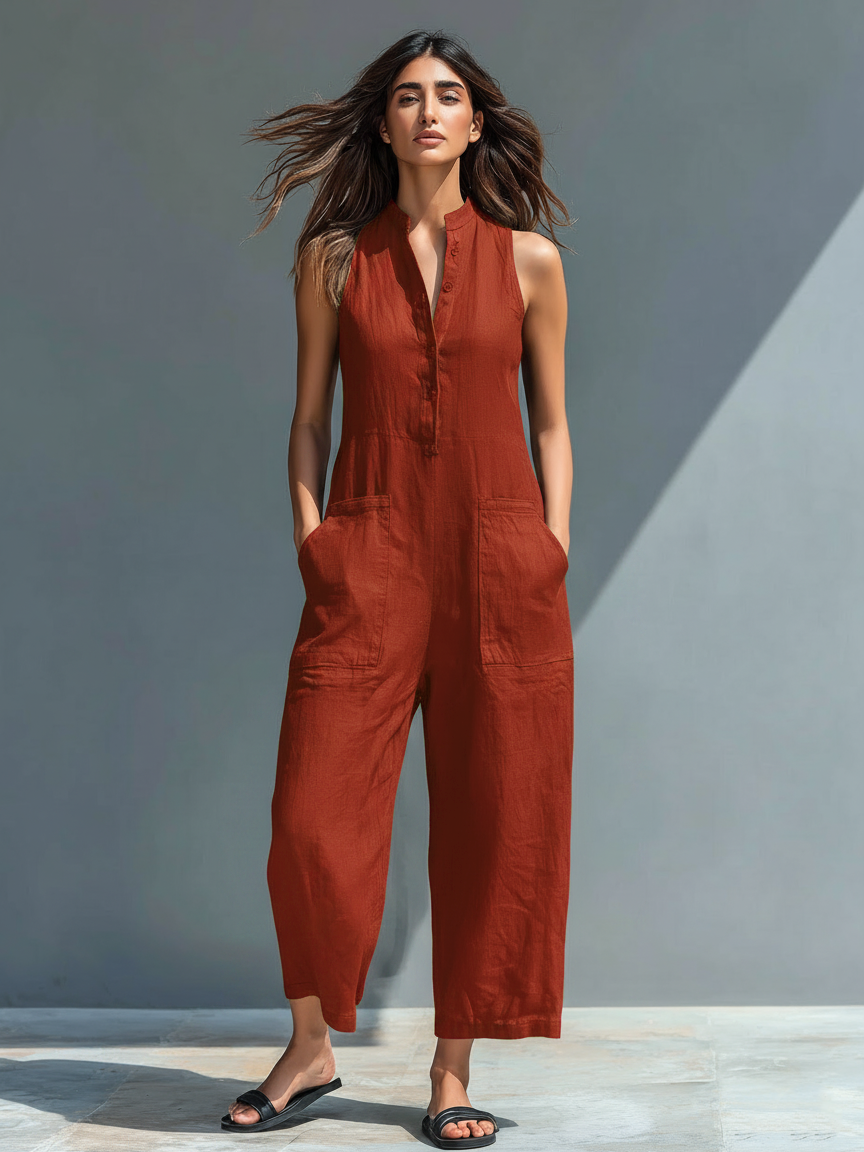 Women’s Minimalist Linen Blend Jumpsuit – Stand Collar Button-Up Sleeveless Relaxed Fit