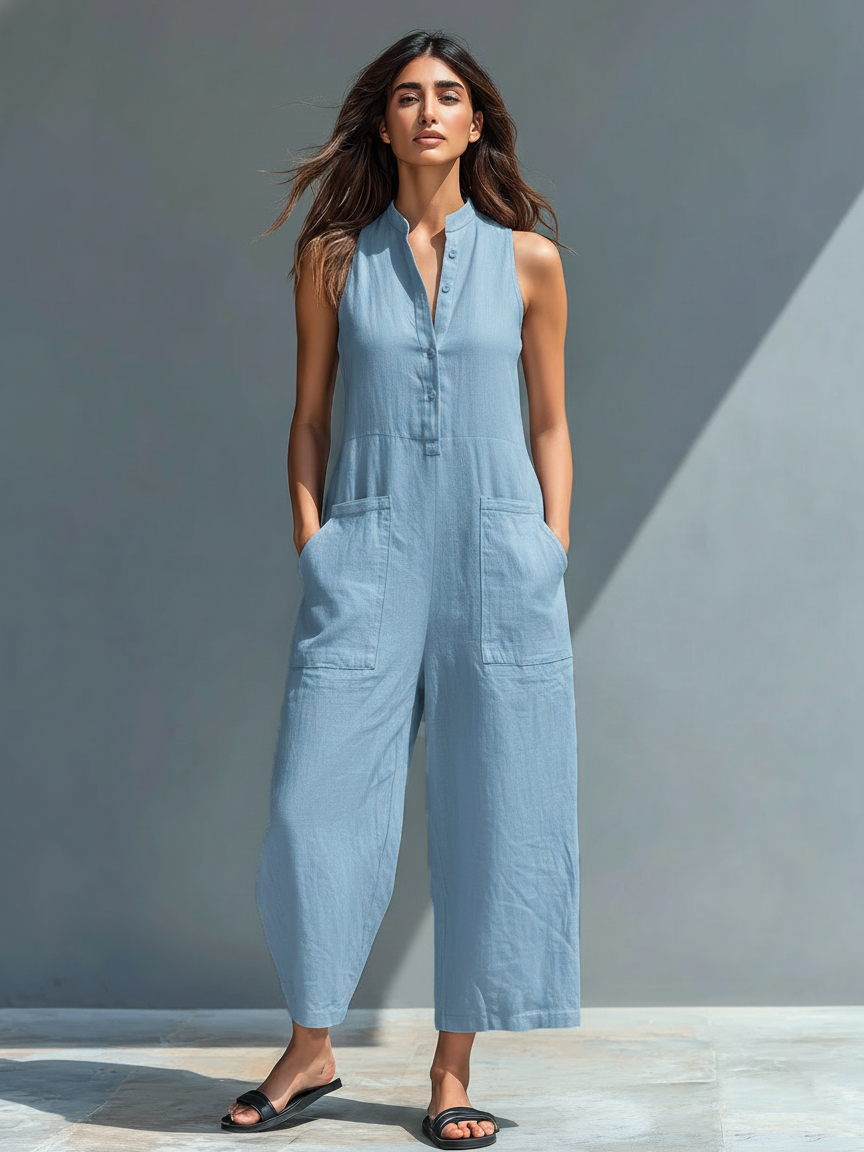 Women’s Minimalist Linen Blend Jumpsuit – Stand Collar Button-Up Sleeveless Relaxed Fit