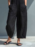 Women’s Minimalist Linen Blend Jumpsuit – Stand Collar Button-Up Sleeveless Relaxed Fit