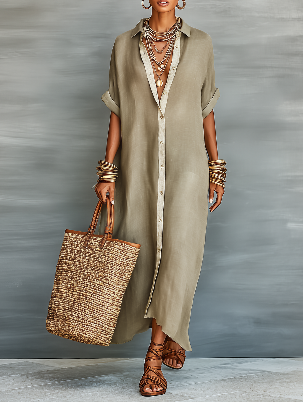 Women’s Minimalist Linen-Blend Short-Sleeved Shirt Maxi Dress – Timeless Everyday Elegance