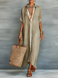 Women’s Minimalist Linen-Blend Short-Sleeved Shirt Maxi Dress – Timeless Everyday Elegance