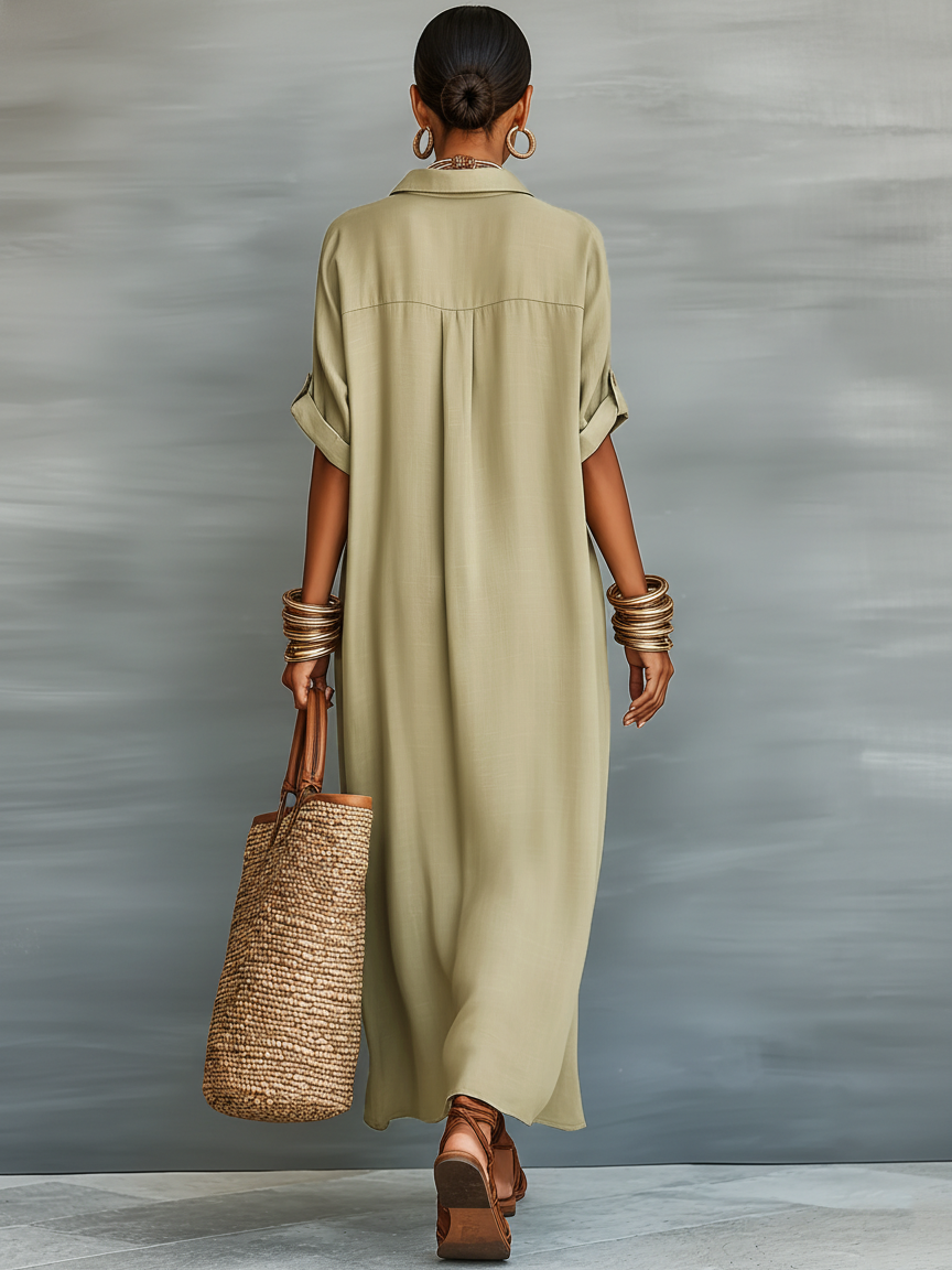 Women’s Minimalist Linen-Blend Short-Sleeved Shirt Maxi Dress – Timeless Everyday Elegance