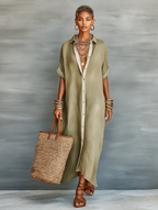 Women’s Minimalist Linen-Blend Short-Sleeved Shirt Maxi Dress – Timeless Everyday Elegance