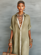 Women’s Minimalist Linen-Blend Short-Sleeved Shirt Maxi Dress – Timeless Everyday Elegance