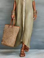 Women’s Minimalist Linen-Blend Short-Sleeved Shirt Maxi Dress – Timeless Everyday Elegance