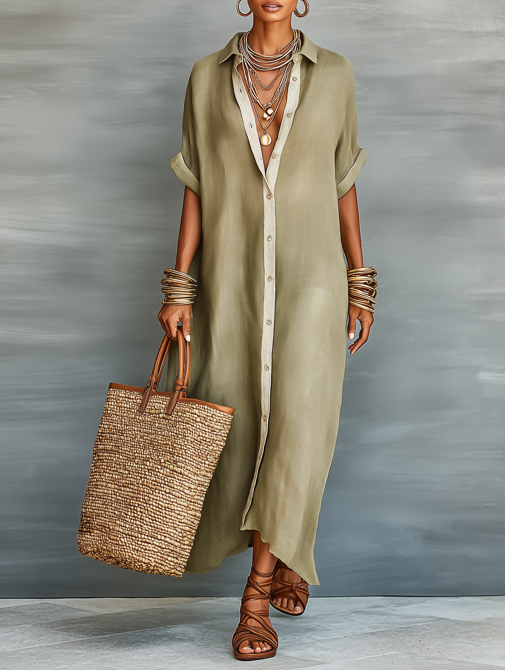 Women’s Minimalist Linen-Blend Short-Sleeved Shirt Maxi Dress – Timeless Everyday Elegance