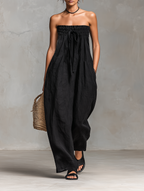 Women’s Minimalist Loose-Fitting Linen-Blend Strapless Jumpsuit with Tie Closure – Effortless Summer Style