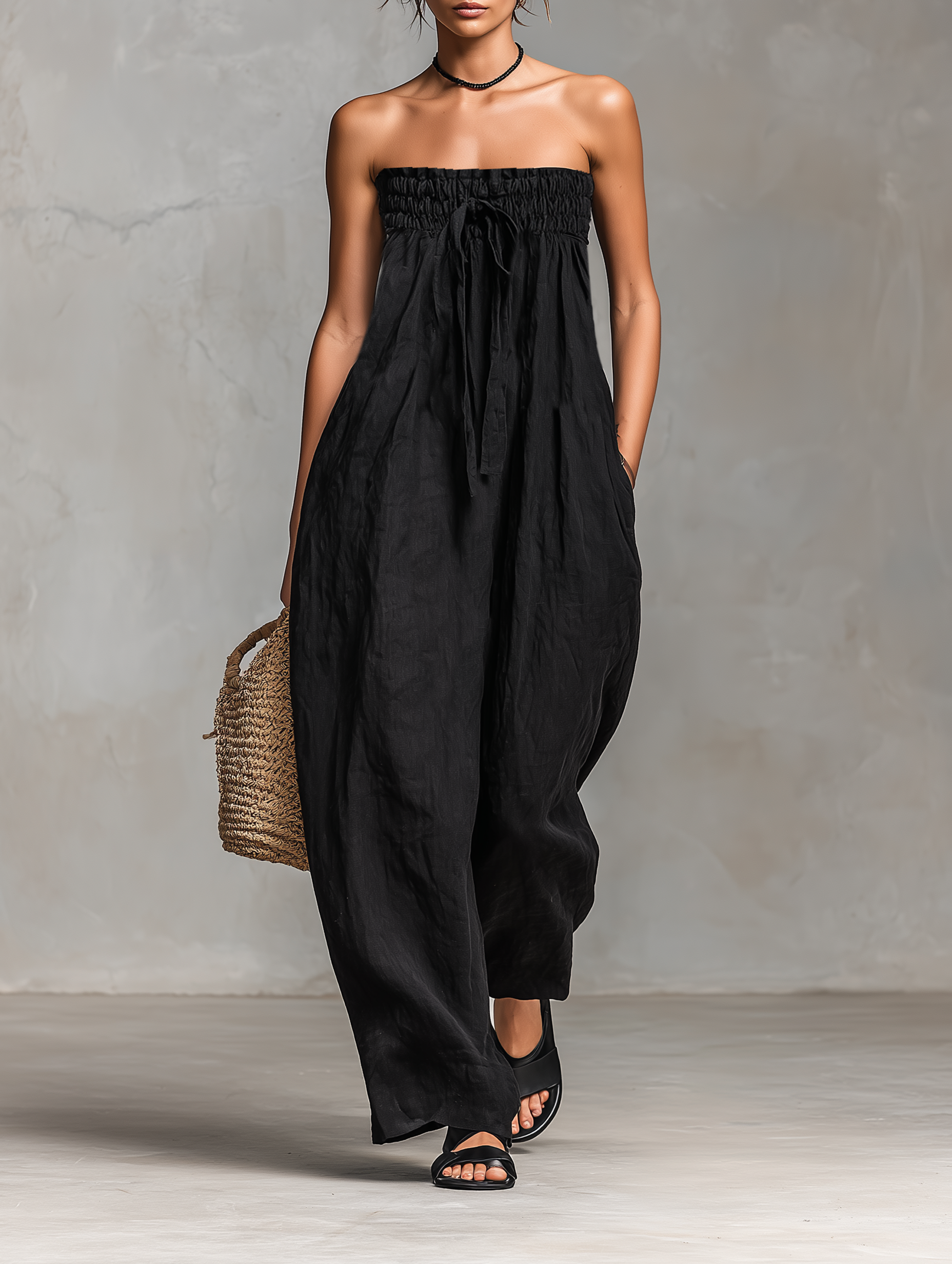 Women’s Minimalist Loose-Fitting Linen-Blend Strapless Jumpsuit with Tie Closure – Effortless Summer Style