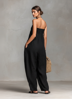 Women’s Minimalist Loose-Fitting Linen-Blend Strapless Jumpsuit with Tie Closure – Effortless Summer Style