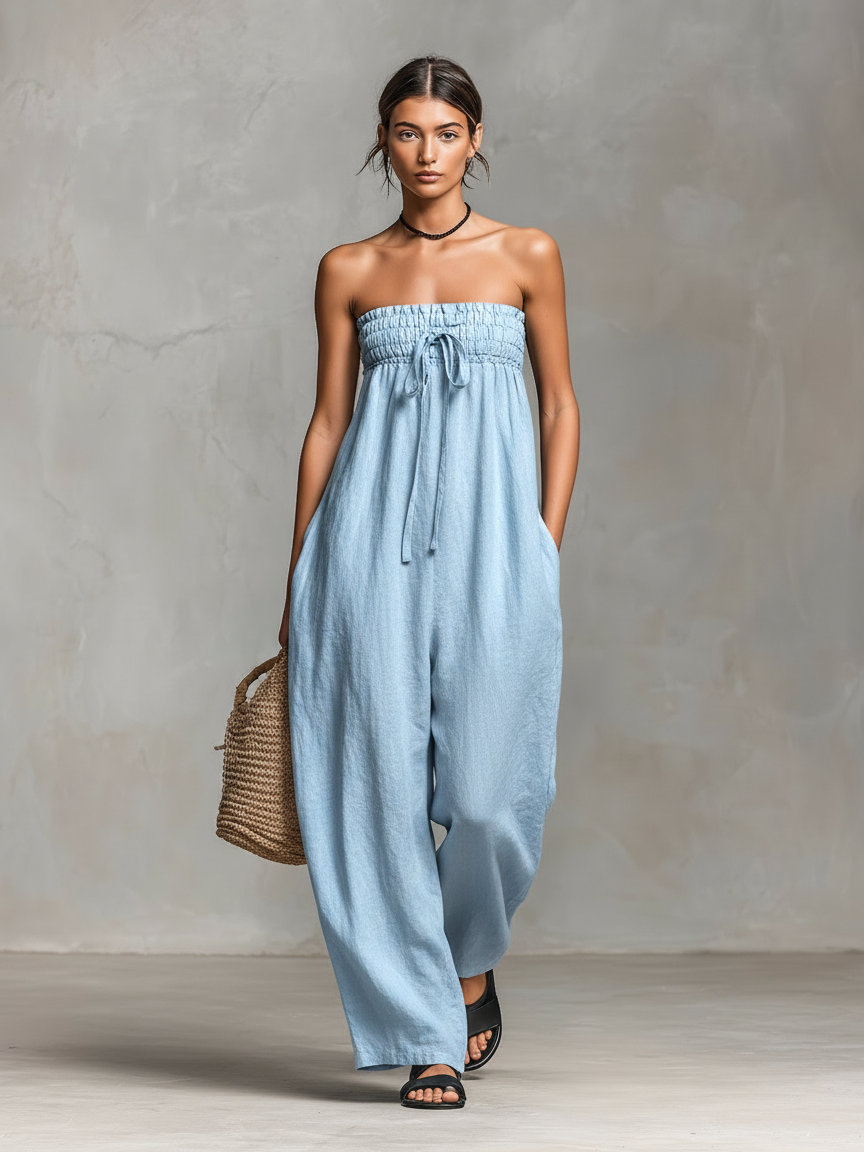 Women’s Minimalist Loose-Fitting Linen-Blend Strapless Jumpsuit with Tie Closure – Effortless Summer Style